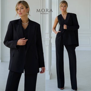 Schwarze Anzüge für Frauen, Business-Anzug, Frauenanzug mit Weste, Hosenanzug mit weitem Bein, Schwarzer Hosenanzug für Frauen, Schwarze Frauenklage, Gerade Hose