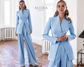 Sky Blue Pantsuit Set, Wide Leg High Waisted Pants and Long Blazer, Trendy Elegant Suit, Vacation Outfit Women