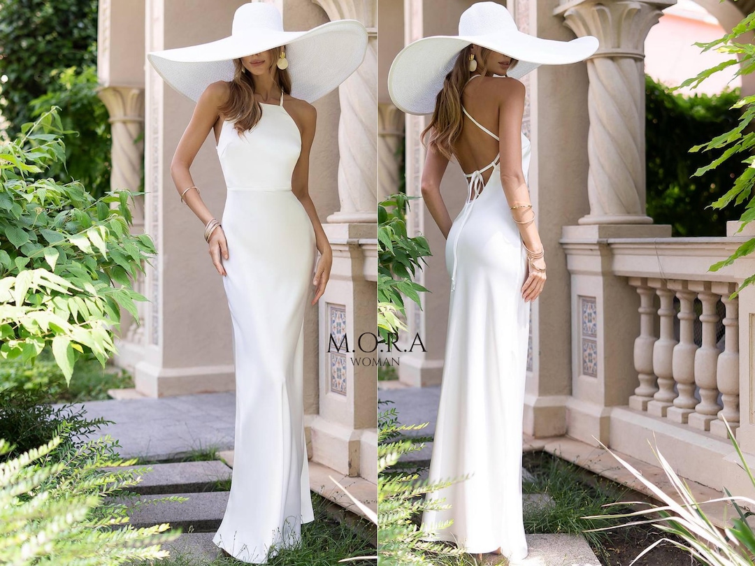 white backless prom dress Chic Long Column Straps Lace Backless Prom Dress with Slit main image 1