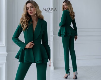 Green Formal Women Suit, Peplum Suit For Women, Peplum Pant Suit, Two Piece Peplum Pant Suit, Women's Green Pantsuit, Green Suit Women