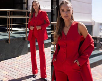 Red Womens Pantsuit with Vest 3 Piece Holiday Suit Featuring Blazer and Straight Trousers Valentine Event Outfit