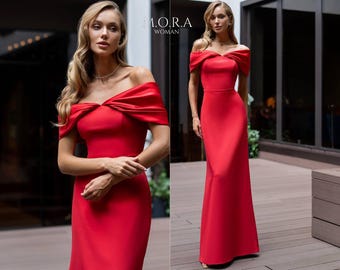 Red Off Shoulder Evening Gown Floor Length Formal Dress with Draped Shoulders Elegant Long Prom Dress Wedding Guest Gala Outfit
