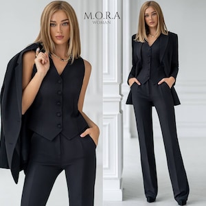 Black 3-Piece Pantsuit with Vest – Tailored Blazer, Trousers & Vest Set | Professional Women&#39;s Business Formal Workwear