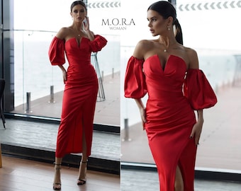 Red Midi Dress. Red Formal Dress, Corseted Dress, Red Evening Dress, Red Pencil Dress, Red Cocktail Dress, Red Sheath Dress, Red Sexy Dress