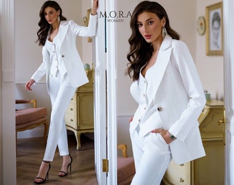 White Birthday Pantsuit with Vest, Elegant 3-Piece Outfit for Women’s Special Celebration, Dinner Party or Stylish Event