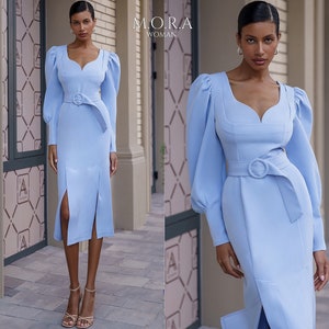 Silhouette Dress With Belt, Midi Dress With Belt, Fitted Midi Dress With Belt Blue, Midi Pencil Dress, Blue Pencil Dress, Long Sleeve Dress