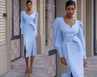 Silhouette Dress With Belt, Midi Dress With Belt, Fitted Midi Dress With Belt Blue, Midi Pencil Dress, Blue Pencil Dress, Long Sleeve Dress