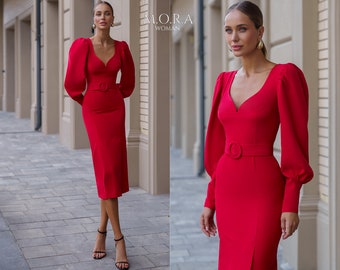 Silhouette Dress With Belt, Midi Dress With Belt, Fitted Midi Dress With Belt Red, Midi Pencil Dress, Red Pencil Dress, Long Sleeve Dress
