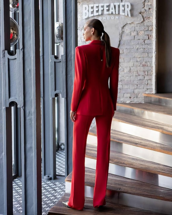 Red Womens Pantsuit Longline Blazer and Straight High Waist Trousers Elegant Formal Outfit for Cocktail Party Holiday Dinner Gala Evening Red Womens Pantsuit Longline Blazer and Straight High Waist Trousers  Elegant Formal Outfit for Cocktail Party Holiday Dinner Gala Evening - Etsy