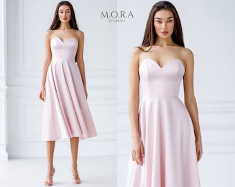 Blush Dress, Puff Skirt Dress, Pink Midi Formal Dress, Satin Dress, Circle Skirt Dress, Corseted Dress, Midi Puff Skirt Dress, Wedding Dress