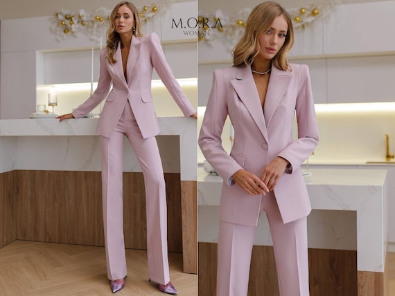 Powder Pink Womens Pantsuit Blush Two Piece Formal Suit with Longline Blazer and High Waist Trousers Bridesmaid Wedding Guest Outfit Powder Pink Womens Pantsuit Blush Two Piece Formal Suit with Longline Blazer and High Waist Trousers Bridesmaid Wedding Guest Outfit