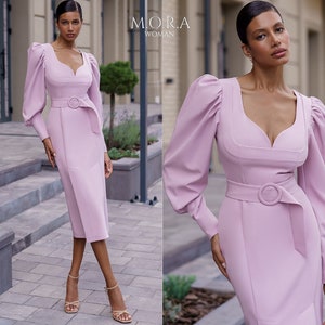Pink Midi Dress, Pink Silhouette Dress With Belt, Pink Midi Dress With Belt, Fitted Midi Dress With Belt Pink, Midi Pencil Dress, Pink Dress