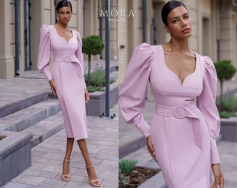 Pink Midi Dress, Pink Silhouette Dress With Belt, Pink Midi Dress With Belt, Fitted Midi Dress With Belt Pink, Midi Pencil Dress, Pink Dress