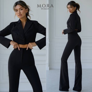 Black Suits for Women, Cropped Jacket Suit Pants. Flare Pant Suit, Black Trouser Suit For Female Wedding Guests. Women&#39;s Black Suit, Suit