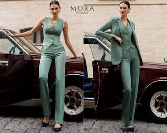 Olive Women Suit, 3-piece Pantsuit for Women, Women Suit Vest, Classic Trouser Women, Ladies Business Suits, Olive Suit Trouser Suit Sets, ,