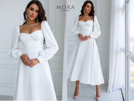 White Dress, Long Sleeve White Dress, White Midi Dress, White Formal Dress,  White Cocktail Dress, White Party Dress, White Reception Dress - Etsy