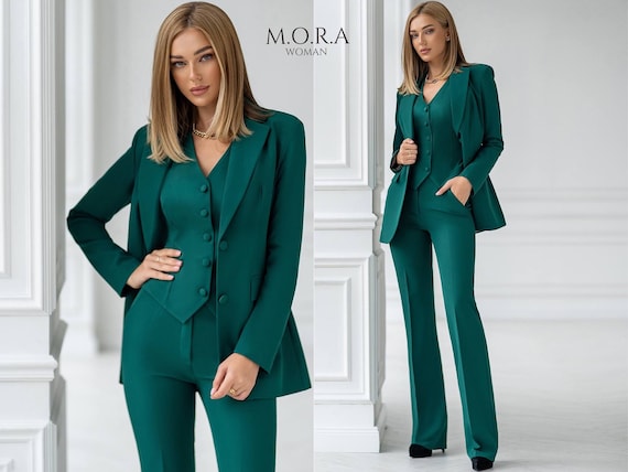 green emerald velvet dress Emerald Green Tailored Three Piece Suit for women  madhumancouture