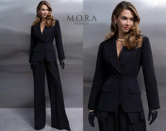 Black Peplum Pantsuit Set, Wide Leg Pants and Fitted Blazer, Elegant Office Suit, Business Outfit Women