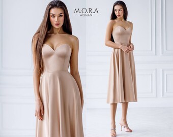 Puff Skirt Dress, Gold Midi Formal Dress, Satin Dress, Circle Skirt Dress, Corseted Dress, Midi Puff Skirt Dress, Wedding Guest Dress