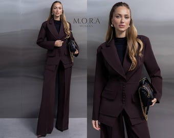 Chocolate Brown Peplum Pantsuit Set, Wide Leg Pants and Fitted Blazer, Elegant Minimalist Suit, Quiet Luxury Outfit