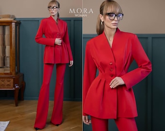 Red Womens Pantsuit Evening Suit with Fitted Longline Blazer and Flared Trousers Elegant Party Event Look Statement Formal Outfit