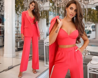 Coral Women's Suit, Trouser Suit for Women, Coral Pantsuit For Women, Formal Pantsuit for Women, 3-piece Pantsuit for Women, Coral Suit