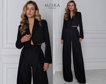 Black Women Suit, Cropped Blazer and Palazzo Pants Suit, Palazzo Pants Suit, Womens Formal Pant Suit, Chic Bridal Suit, Blazer and Pants Set