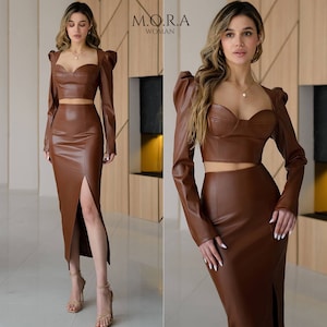 Faux-leather Pencil Skirt And Faux Leather Long Sleeve Tops, Womens Sexy Faux Leather, Bodycon, Brown Eco Leather Midi Skirt, Faux Skirt