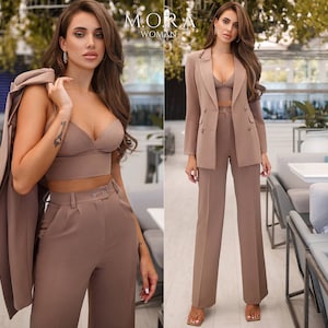 Elegant Brown Evening Outfit | Sophisticated 3-Piece Pantsuit for Dinners, Parties & Formal Events | Formal Outfit for Special Occasions