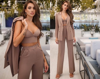 Elegant Brown Evening Outfit | Sophisticated 3-Piece Pantsuit for Dinners, Parties & Formal Events | Formal Outfit for Special Occasions