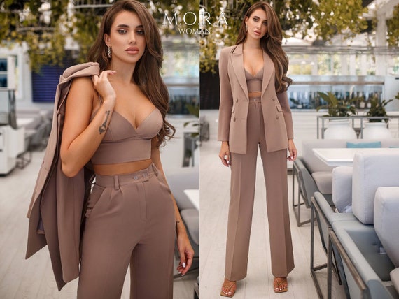 Elegant Brown Evening Outfit | Sophisticated 3-Piece Pantsuit for Dinners, Parties & Formal Events | Formal Outfit for Special Occasions