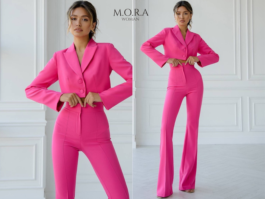 Pink Ruffled Suit Pink Suits for Women, Cropped Jacket Suit Pants. Flare Pant Suit. Pink ...