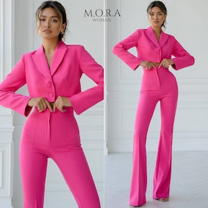 Pink Suits for Women, Cropped Jacket Suit Pants. Flare Pant Suit. Pink Trouser Suits For Female Wedding Guests. Womens Pink Suit, Pink Suit