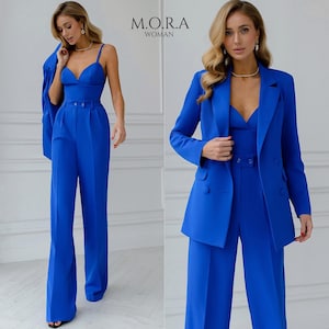 Electric Blue Women&#39;s Suit | Formal Trouser Outfit | Elegant 3-Piece Pantsuit | Classic Women&#39;s Office or Evening Attire