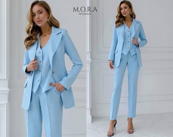 Sky Blue 3-Piece Pantsuit with Vest, Elegant Summer Formal Outfit for Special Occasions, Garden Parties and Stylish Events