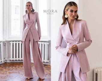 Wedding Guest Pantsuit Women, Powder Pink Suit, Elegant Wide Leg Pants Set, Chic Formal Occasion Outfit