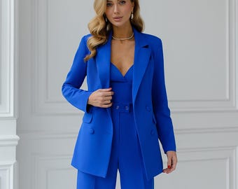 Traje de pantalón azul eléctrico de piezas para mujer con blazer