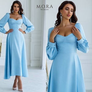 Light Blue Midi Dress, Maxi White Dress, Full Skirt Green Dress, Midi Dress for Special Occasions, Wedding Guest Dress, Evening Dress, Dress