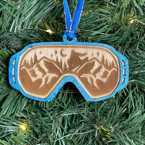 Snowboard goggles skiing wood ornament hand painted
