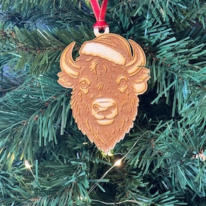 Wooden bison with Christmas Santa Hat Christmas Ornament for Tree