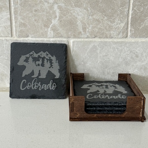 Set of 4 slate coasters with wood stand Colorado wilderness bear gift for new home