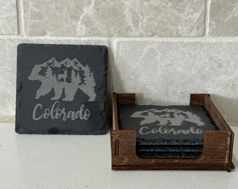 Set of 4 slate coasters with wood stand Colorado wilderness bear gift for new home