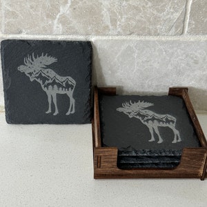Set of 4 slate coasters with wood stand Colorado wilderness moose mountains gift for new home