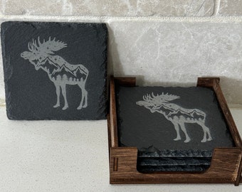 Set of 4 slate coasters with wood stand Colorado wilderness moose mountains gift for new home
