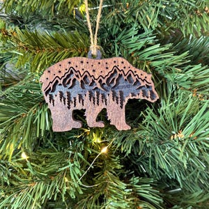 Dual Layer Bear Mountain hand painted laser wood ornament