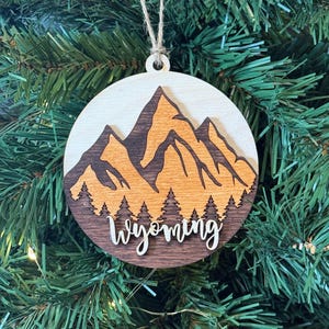 Wyoming mountain wooden  Christmas ornament