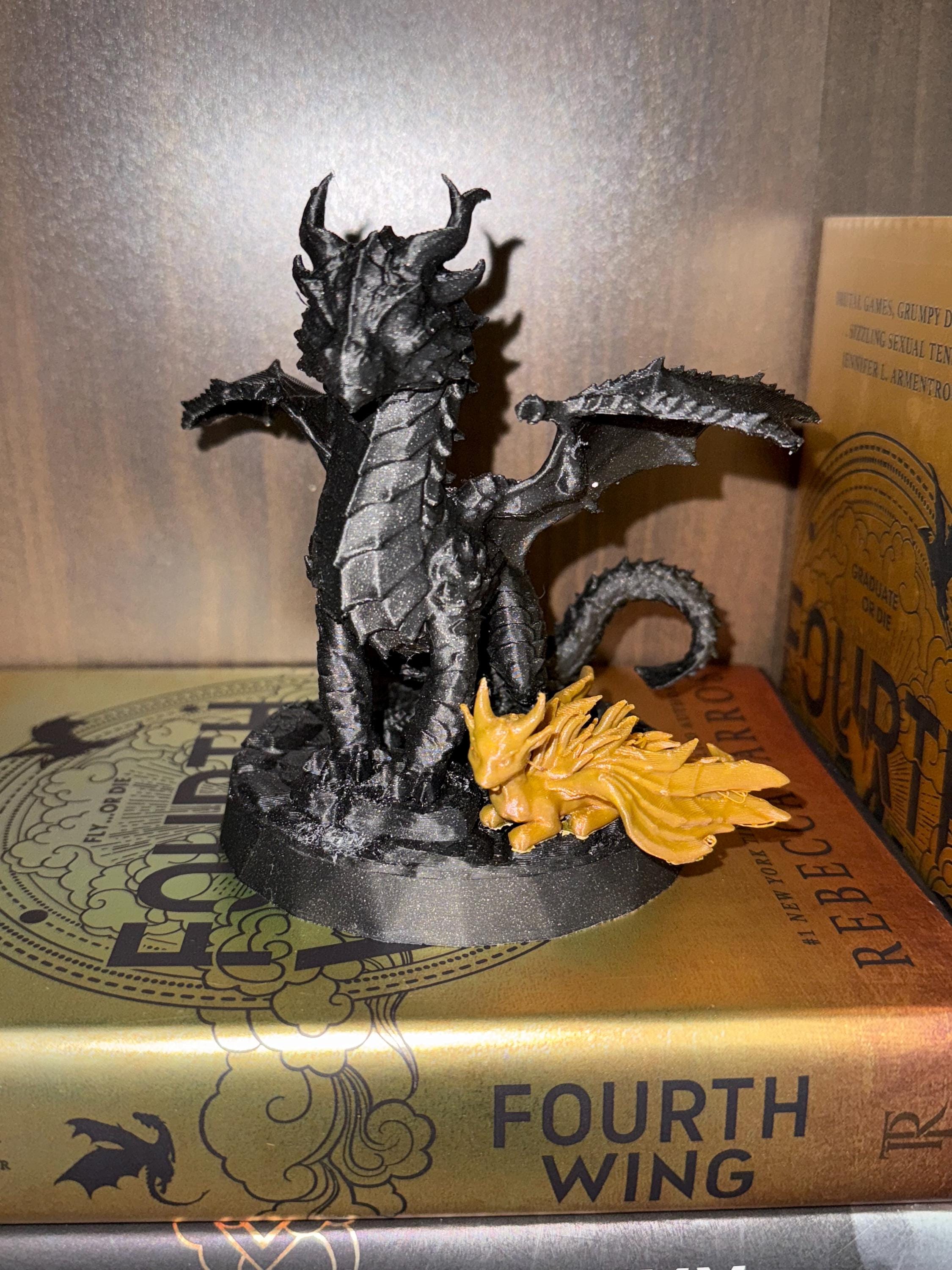 black  Dragon Tairn and mini Gold dragon Andarna shelf decor fourth wing iron flame onyx storm 3d printed decor