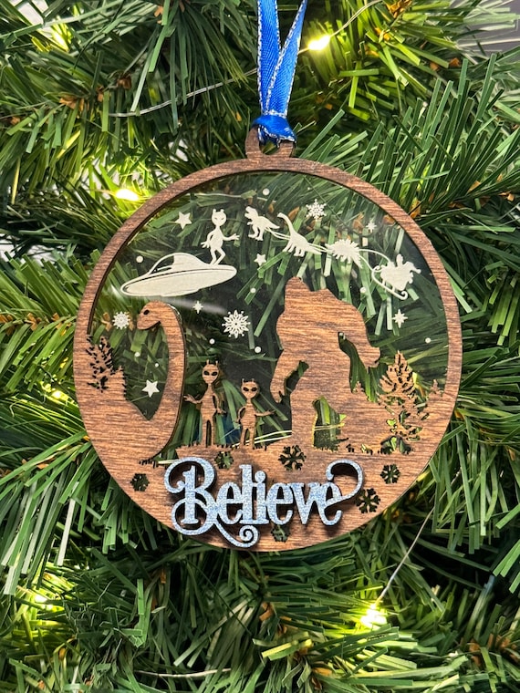 cryptid ornament wood, sasquatch gifts, believe ornaments handmade, funny fathers day gift for husband, alien abduction dinosaurs bigfoot