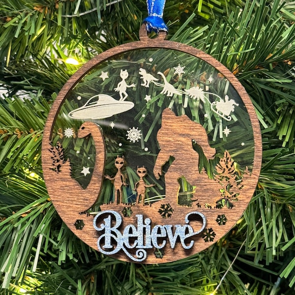 cryptid ornament wood, sasquatch gifts, believe ornaments handmade, funny fathers day gift for husband, alien abduction dinosaurs bigfoot