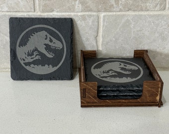 Set of 4 slate coasters with wood stand t-Rex dinosaur movie inspired gift for new home